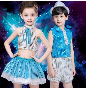 Red turquoise silver sequined patchwork child children boys girls toddlers kindergarten jazz dance stage performance play t show dance costumes outfits